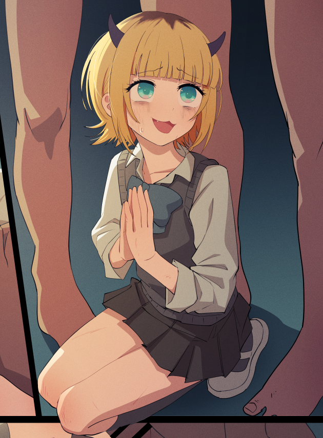 1girl begging blonde_hair blue_eyes demon_horns fake_horns horns imminent_gangbang imminent_rape mem-cho multicolored_hair multiple_boys no_pupils open_mouth oshi_no_ko roots_(hair) shirt short_hair skirt squatting sweatdrop tears yamomono