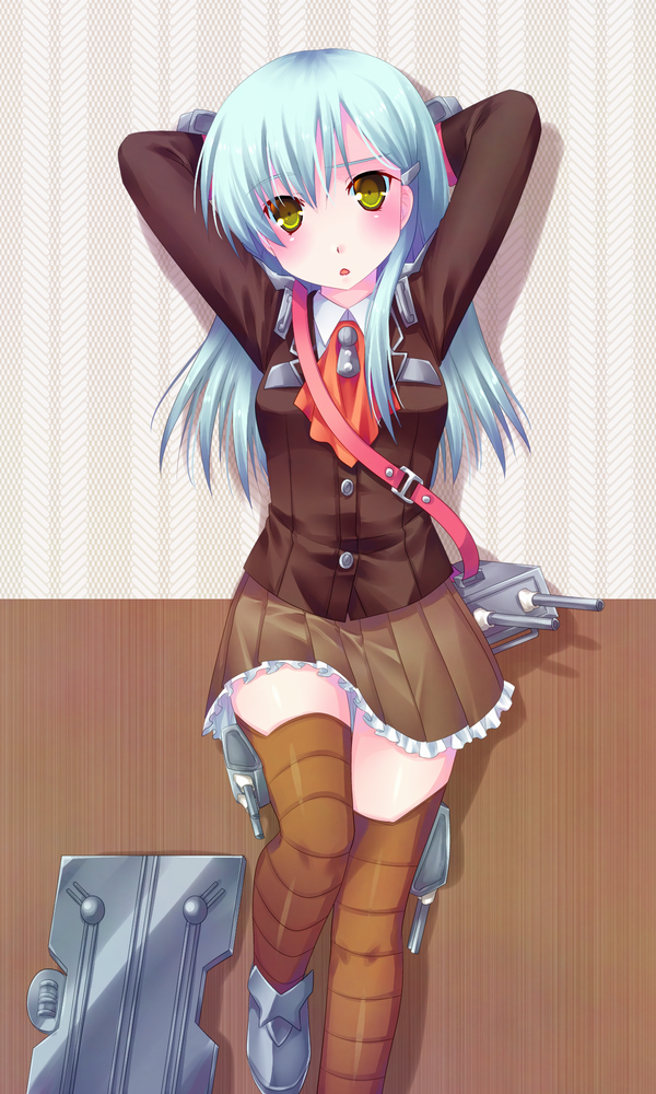10s 1girl arms_behind_head bad_id bad_pixiv_id door_to_heaven female_focus green_eyes green_hair kantai_collection leaning long_hair machinery matching_hair/eyes open_mouth ship_turret solo suzuya_(kancolle) thighhighs