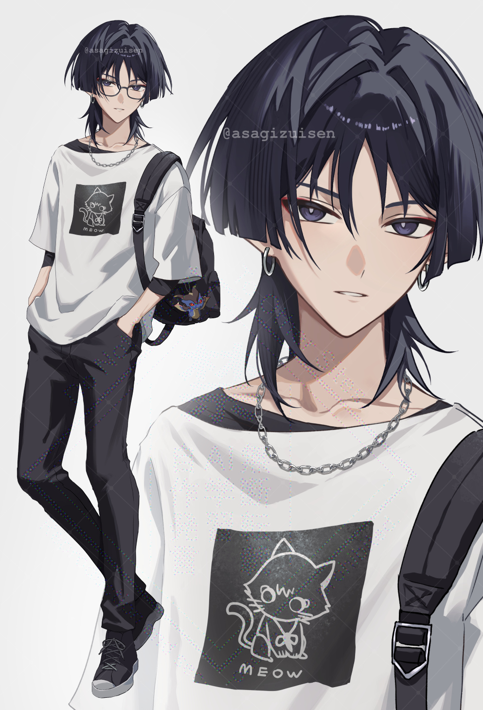 1boy alternate_costume animal_print asagizuisen backpack bag bespectacled bishounen black_bag black_hair black_pants black_shirt black_shoes black_sleeves black_undershirt blunt_ends casual cat_print chain chain_necklace character_doll contemporary cross-laced_shoes earrings eyeliner eyeshadow genshin_impact glasses grey_background hands_in_pockets highres jewelry layered_shirt layered_sleeves looking_at_viewer makeup male_focus mini_durin_(genshin_impact) necklace pants parted_lips purple_eyes red_eyeliner red_eyeshadow scaramouche_(cat)_(genshin_impact) scaramouche_(genshin_impact) shirt shoes short_sleeves sneakers solo tsurime twitter_username watermark watermark_grid white_mouth white_shirt white_sleeves wispy_bangs zoom_layer
