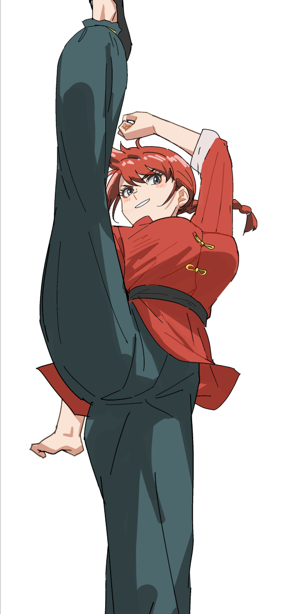 1girl arm_up belt black_belt black_pants black_shoes blush braid braided_ponytail breasts chinese_clothes commentary exocet_(exocet4) grey_eyes high_kick highres jacket kicking large_breasts long_hair long_sleeves looking_at_viewer pants parted_lips ranma-chan ranma_1/2 red_hair red_jacket shoes simple_background single_braid sleeve_rolled_up smile solo split standing standing_on_one_leg standing_split tangzhuang white_background