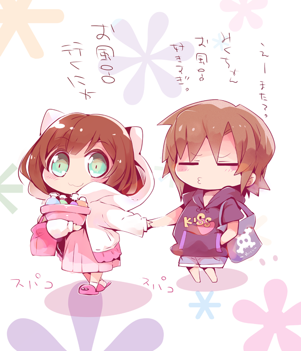 2girls :3 =_= animal_ear_hood animal_ears ankle_socks aqua_eyes bag bare_arms barefoot basket black_hoodie blue_shorts blunt_bangs blush_stickers bob_cut brown_hair cat_ears character_request chibi closed_mouth clothes_writing commentary_request denim denim_shorts dress fake_animal_ears floral_background furrowed_brow grey_bag hand_in_pocket heart heart_print holding holding_basket holding_hands hood hood_down hood_up hooded_jacket hoodie idolmaster idolmaster_cinderella_girls jacket light_blush long_dress long_sleeves looking_at_viewer maekawa_miku medium_hair messy_hair multiple_girls open_clothes open_jacket pink_bag pink_dress pink_sandals pleated_dress puffy_long_sleeves puffy_sleeves sandals shadow short_hair short_sleeves shorts skull_print sleeves_past_wrists smile soap_bottle socks standing tareme tote_bag translation_request usoneko white_background white_jacket white_socks yuri