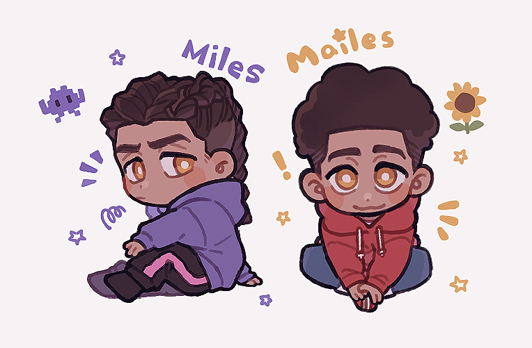 ! 2boys afro black_hair character_name chibi dark-skinned_male dark_skin dreadlocks flower frown full_body galaga hands_on_feet hood hoodie indian_style looking_at_viewer male_focus marvel miles_g._morales miles_morales multiple_boys multiple_persona notice_lines pants red_hoodie sitting smile spider-man:_across_the_spider-verse spider-man_(series) spider-verse squiggle star_(symbol) sunflower sweatpants user_vruw3338 v-shaped_eyebrows very_dark_skin yellow_eyes
