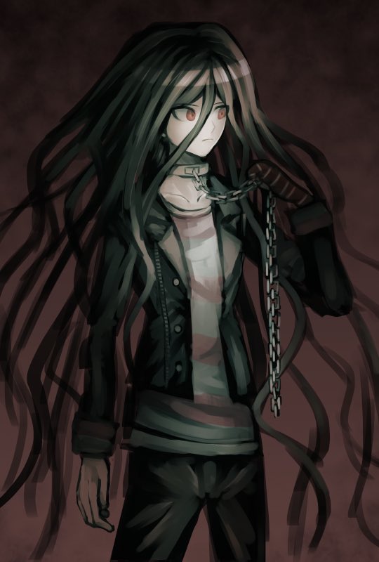 1boy bad_id bad_pixiv_id black_hair chain collar cosplay danganronpa_(series) danganronpa_another_episode:_ultra_despair_girls expressionless eyes_visible_through_hair gloves hair_between_eyes holding holding_chain jacket kamukura_izuru komaeda_nagito komaeda_nagito_(cosplay) komatsuzaki_rui_(style) long_hair long_sleeves looking_away male_focus messy_hair official_style open_clothes open_jacket oven_mitts red_background red_eyes servant_(danganronpa) shirt single_glove solo spoilers standing striped_clothes striped_shirt very_long_hair wamigakiko