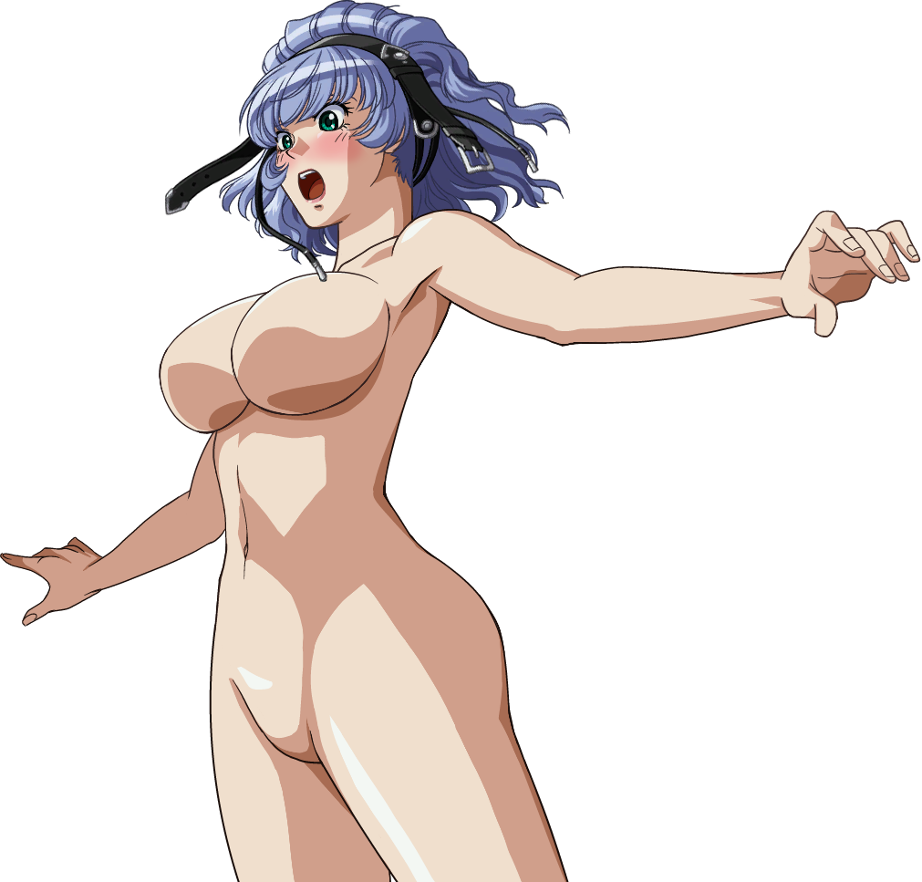 1girl aqua_centolm armpits banpresto blue_hair blush breasts collarbone cowboy_shot female_focus green_eyes hairband large_breasts navel no_nipples no_pussy nude open_mouth short_hair solo super_robot_wars super_robot_wars_mx super_robot_wars_original_generation teeth thighs third-party_edit transparent_background