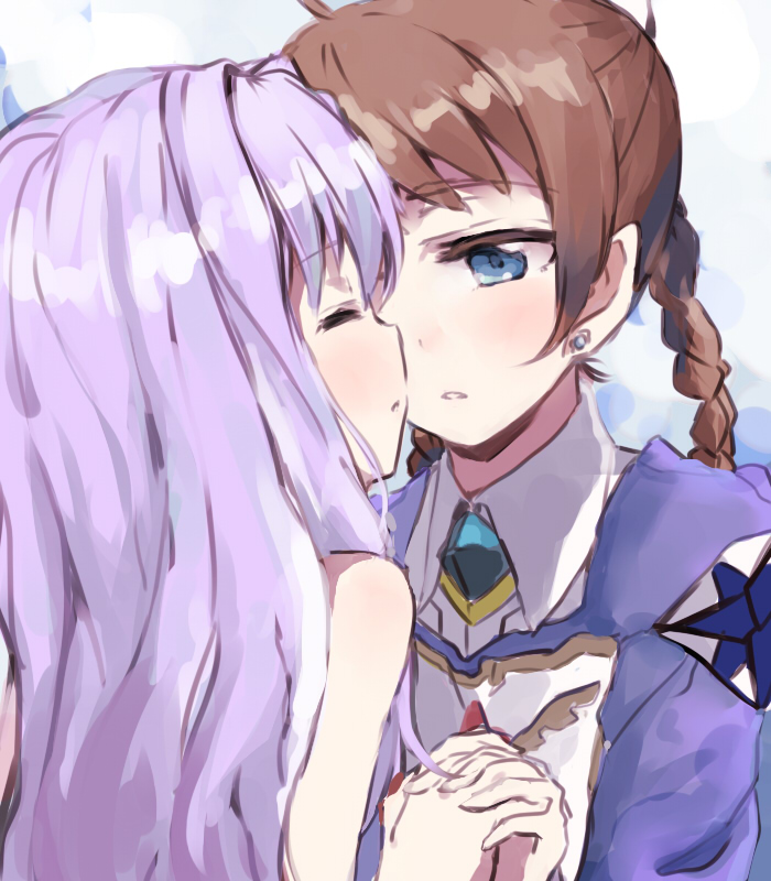 00s 2girls arika_yumemiya blue_eyes braid closed_eyes earrings female_focus holding_hands imminent_kiss jewelry long_hair maromi_(am97) mashiro_blan_de_windbloom meister_otome_uniform multiple_girls my-hime my-otome pink_hair revision sunrise_(company) twin_braids yuri