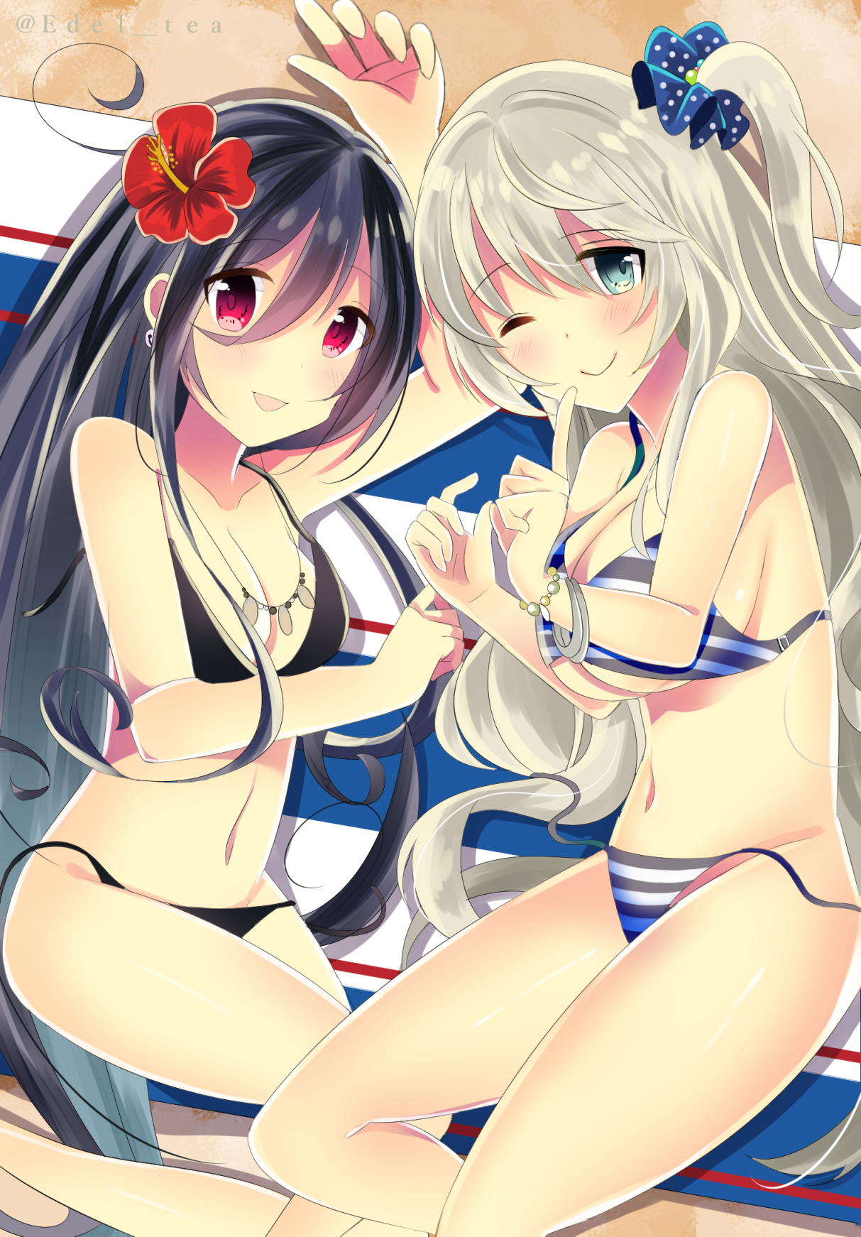 10s 2girls bad_id bad_pixiv_id beach_towel bell bell_earrings bikini black_hair blush bracelet breasts cleavage crossover earrings finger_to_mouth flower fujiyama_ichiha green_eyes hair_flower hair_ornament hair_scrunchie hibiscus highres ichihara_nina idolmaster idolmaster_cinderella_girls index_finger_raised jewelry jingle_bell kazumi_(madoka_magica) large_breasts long_hair looking_at_viewer lying mahou_shoujo_kazumi_magica mahou_shoujo_madoka_magica mahou_shoujo_oriko_magica mikuni_oriko multiple_girls necklace on_side one_side_up open_mouth polka_dot red_eyes scrunchie side_ponytail silver_hair smile striped_bikini striped_clothes swimsuit towel twitter_username underboob untied