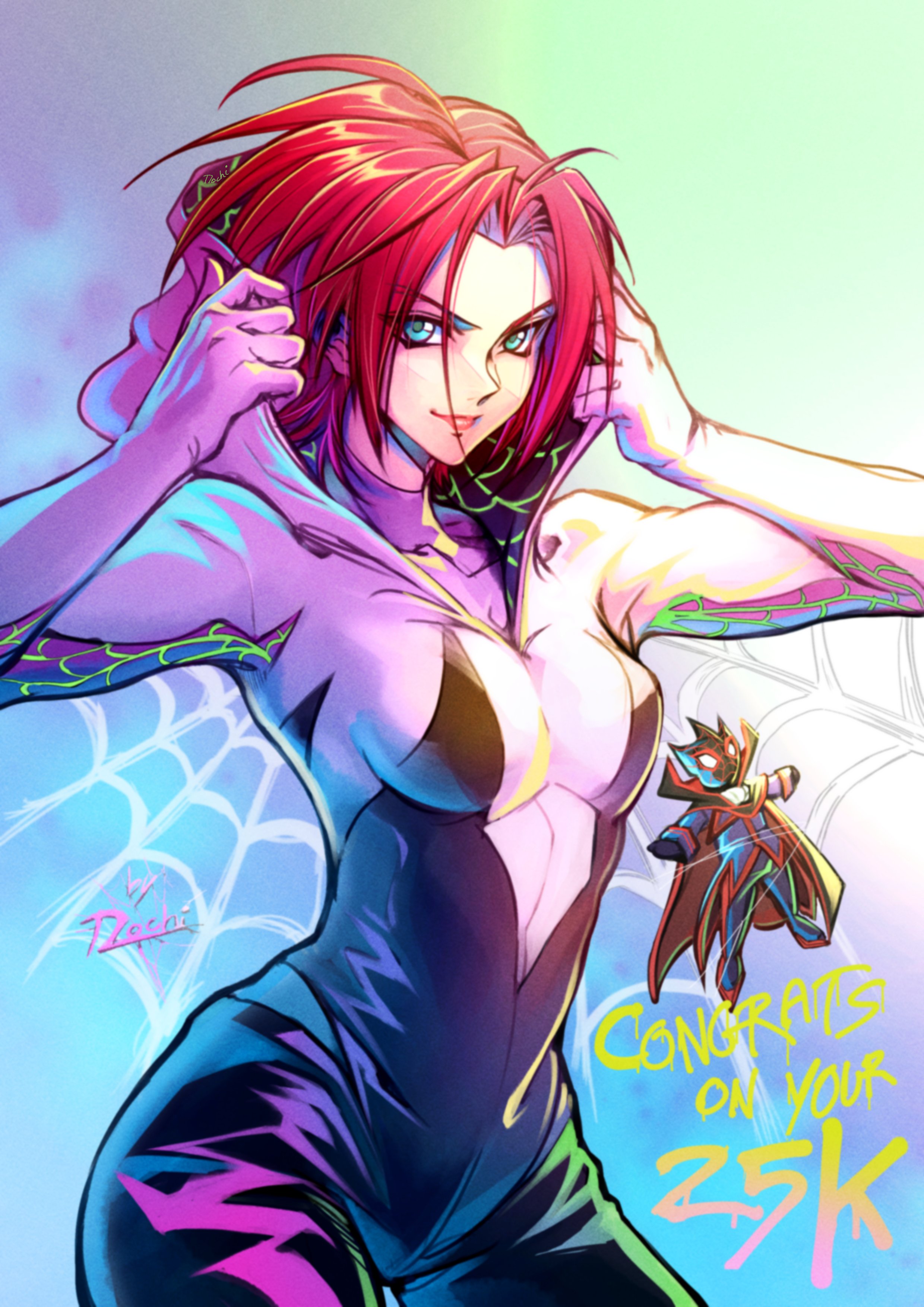 1boy 1girl absurdres aqua_eyes black_bodysuit bodysuit breasts closed_mouth code_geass cosplay full_body highres hood hood_down hooded_bodysuit kouzuki_kallen looking_at_viewer marvel medium_breasts mochi_mangaka pale_skin parted_bangs red_hair short_hair silk smile spider-gwen spider-gwen_(cosplay) spider-man spider-man_(cosplay) spider-man_(series) spider_web two-tone_bodysuit upper_body white_bodysuit zero_(code_geass)