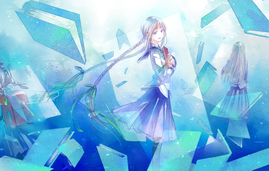 1girl amano_tooko backpack bag blue_eyes book braid bungaku_shoujo dekatanaba long_hair randoseru school_uniform serafuku skirt smile thighhighs twin_braids