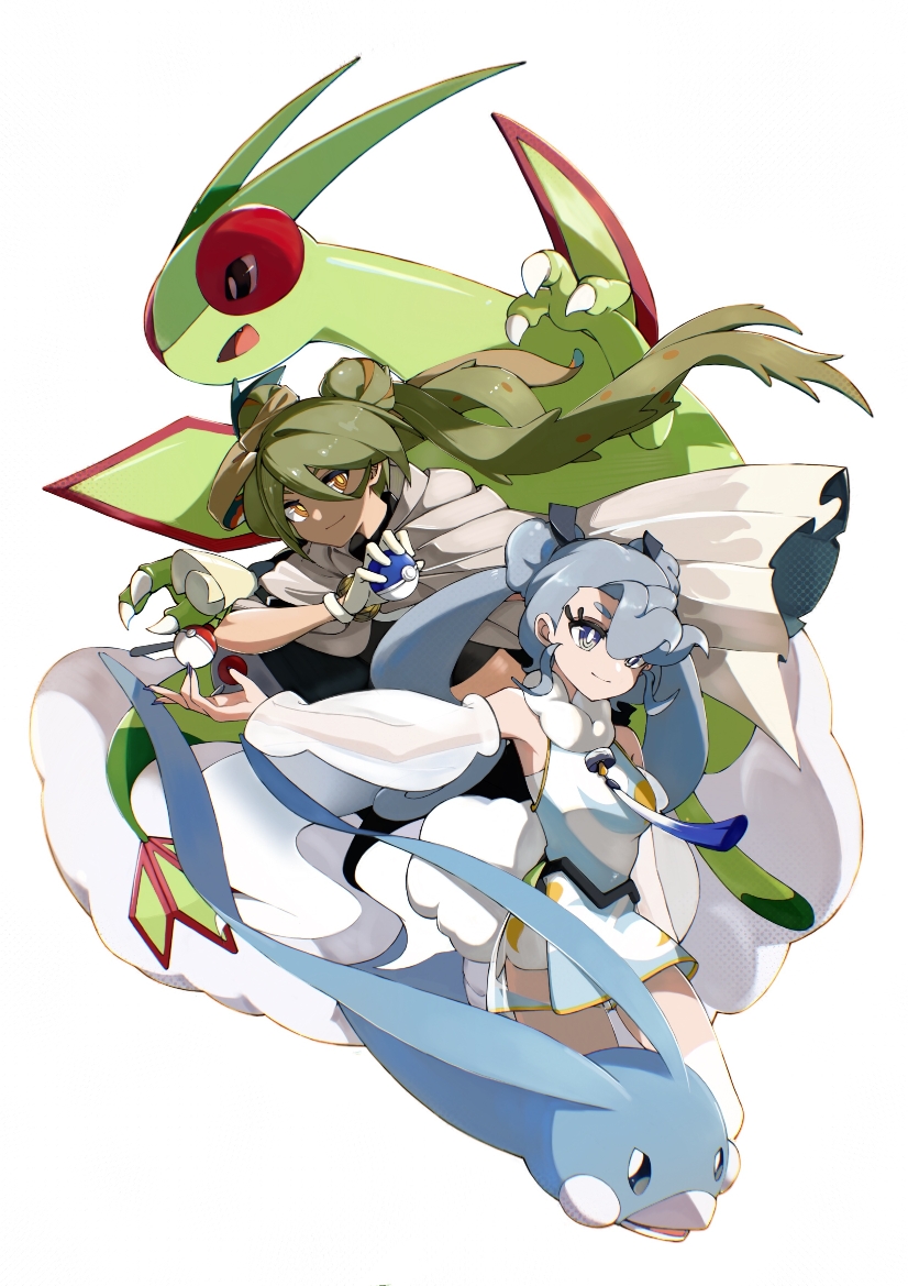2girls altaria blue_hair flygon flying_miku_(project_voltage) gen_3_pokemon green_skirt ground_miku_(project_voltage) hatsune_miku multiple_girls nintendo pokemon project_voltage skirt twintails user_mmve3782 vocaloid