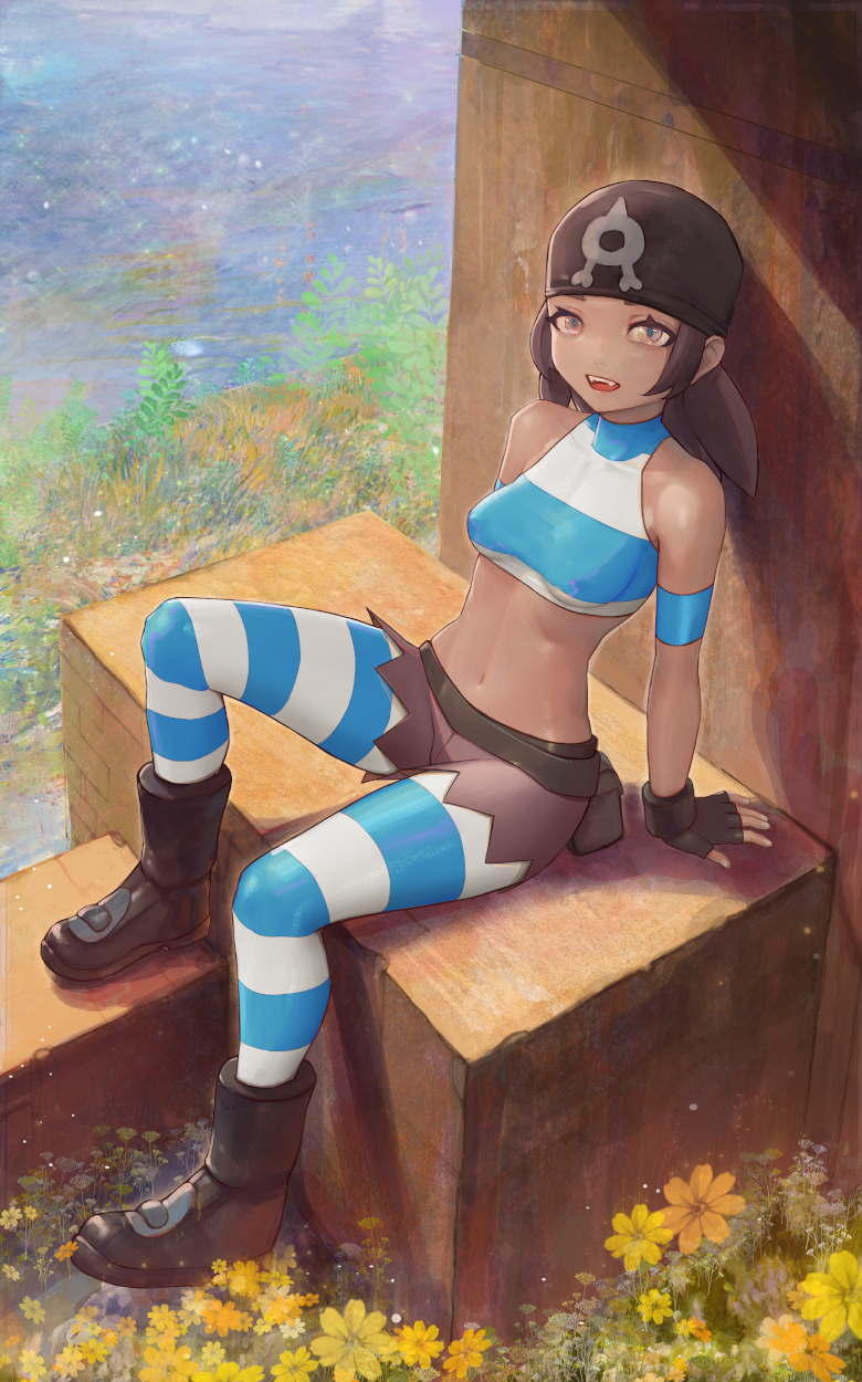 1girl :d arm_support armband bandana blue_pantyhose boots breasts brown_eyes brown_hair covered_erect_nipples crop_top day fingerless_gloves flower full_body gloves highres looking_at_viewer medium_breasts midriff nintendo open_mouth outdoors pantyhose pokemon pokemon_oras shorts sitting smile solo striped_clothes striped_pantyhose team_aqua team_aqua_grunt team_aqua_grunt_(female) torn_clothes torn_shorts yellow_flower yugen99