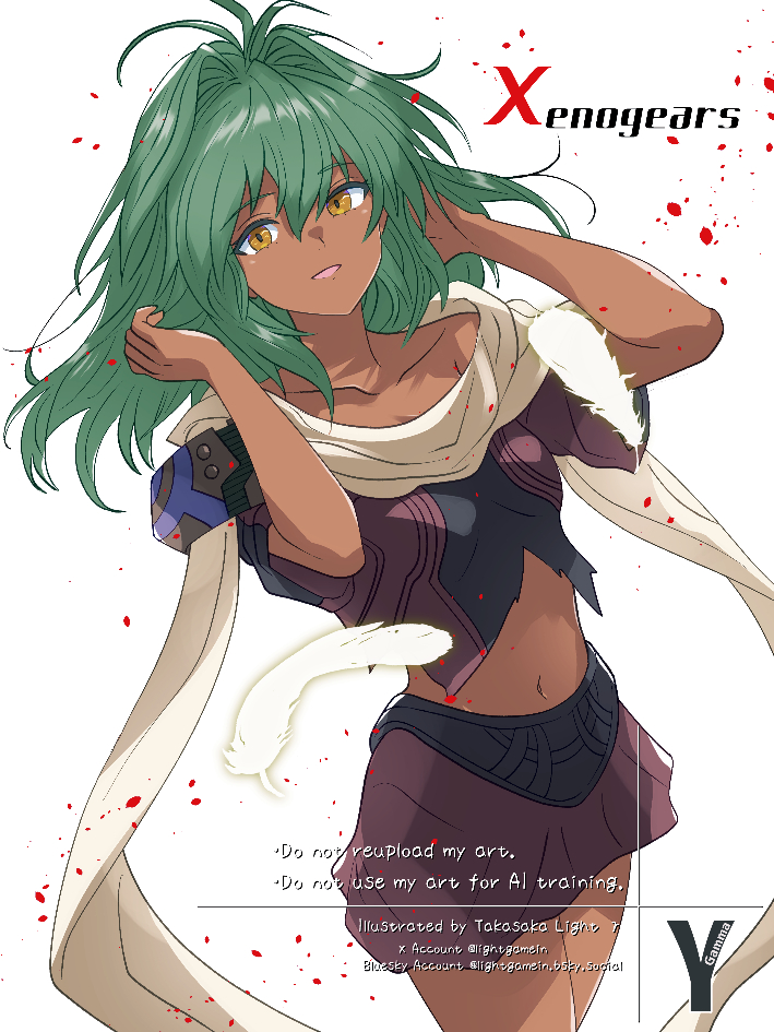 1girl arms_up commentary copyright_name dark-skinned_female dark_skin emerada_(xenogears) green_hair hair_between_eyes long_hair looking_at_viewer navel open_mouth red_skirt skirt smile solo standing takasaka_light white_background xenogears yellow_eyes