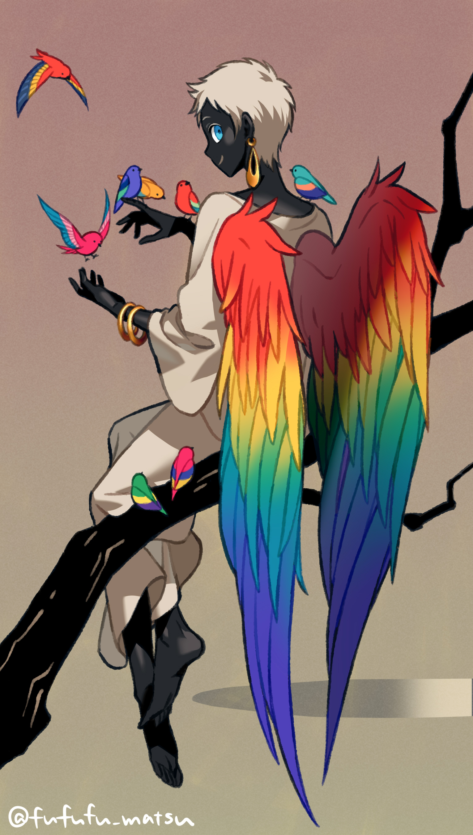 1girl absurdres animal bird bird_wings blue_eyes blue_wings branch brown_background commentary_request dark-skinned_female dark_skin feathered_wings full_body funuyu highres looking_at_viewer looking_back original parrot parrot_girl red_wings robe short_hair sitting sitting_on_branch smile solo very_dark_skin very_short_hair white_hair wings yellow_wings