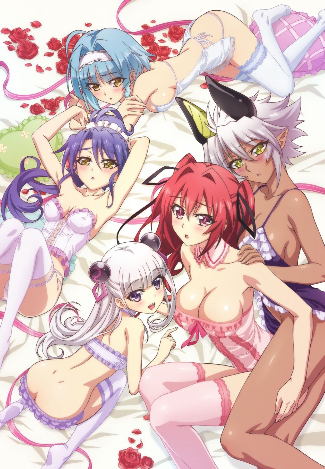 10s 5girls :d :o ahoge all_fours arm_behind_head arms_up ass back bare_arms bare_back bare_legs bare_shoulders bed bent_over blue_hair blue_thighhighs blush bra breast_press breasts butt_crack cleavage collarbone corset dark-skinned_female dark_skin detached_collar dimples_of_venus dress female_focus flower frilled_dress frilled_panties frilled_pillow frills from_above grey_hair hair_between_eyes hair_ornament hair_ribbon hairband hand_on_another&#039;s_hip hand_on_another&#039;s_leg hand_on_another&#039;s_shoulder hand_on_own_hip hand_on_leg harem head_tilt highres hime_cut horns large_breasts leg_grab legs light_blue_hair lingerie long_hair looking_at_viewer looking_back looking_up lying multiple_girls naruse_maria naruse_mio neck nightgown nonaka_kurumi nonaka_yuki official_art on_back on_stomach open_mouth panties pantyshot petals pillow pink_legwear pointing pointy_ears ponytail purple_dress purple_eyes red_eyes red_flower red_hair red_legwear red_rose revealing_clothes ribbon rose rose_petals scrunchie shinmai_maou_no_testament shiny_skin short_hair shy siblings sideboob sisters sitting small_breasts smile strapless thighhighs twintails underwear underwear_only white_hair white_legwear white_theme yellow_eyes yuri zest
