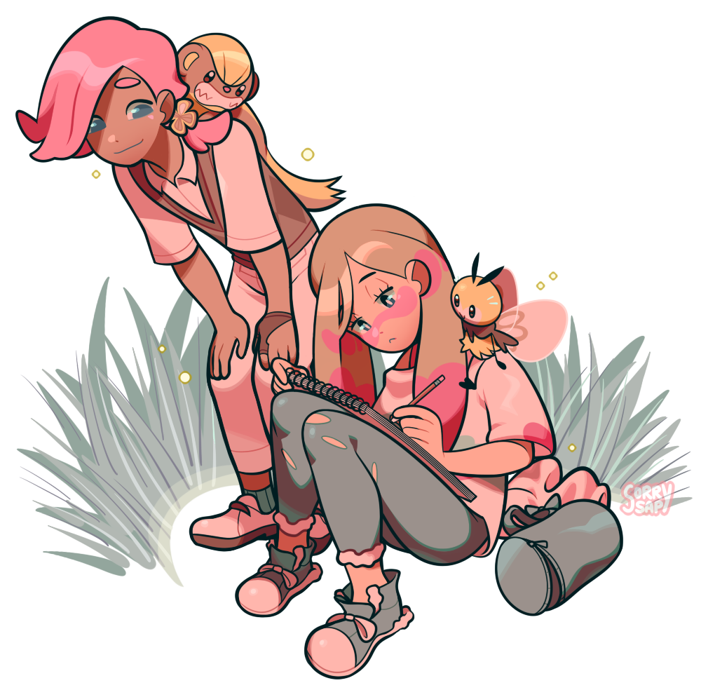1boy 1girl bag blonde_hair blue_eyes blue_pants brown_gloves brown_sweater_vest closed_mouth commentary dark-skinned_male dark_skin english_commentary frown game_freak gen_7_pokemon gloves grass ilima_(pokemon) mina_(pokemon) nintendo pants paper partially_fingerless_gloves pencil pink_hair pokemon pokemon_(creature) pokemon_sm ribombee sharonaparadox shirt shoes short_sleeves signature sitting standing sweater_vest transparent_background white_pants white_shirt writing yungoos