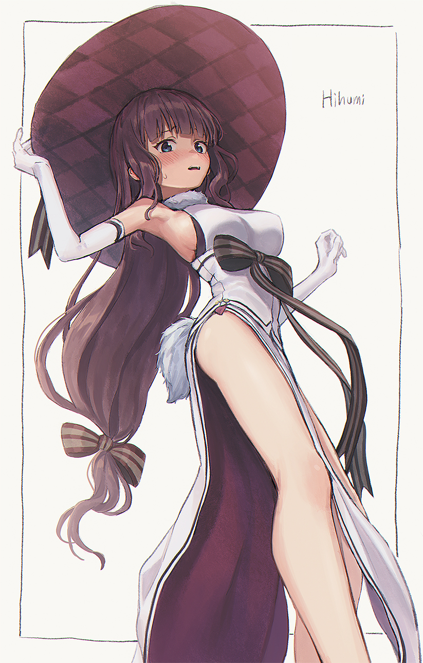 1girl blue_eyes brown_hair character_name elbow_gloves from_below gloves hat highres long_hair mikazuchi_zeus new_game! solo takimoto_hifumi white_gloves witch_hat