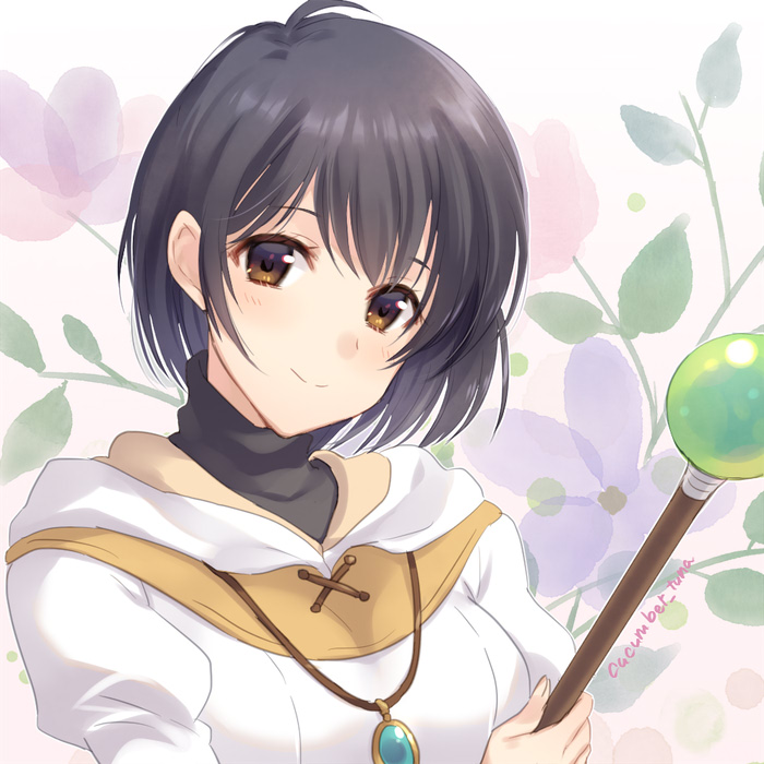 1girl awayuki_ramika black_hair black_shirt brown_eyes dress fire_emblem fire_emblem:_radiant_dawn flower jewelry laura_(fire_emblem) leaf long_sleeves looking_at_viewer necklace nintendo portrait shirt short_hair simple_background smile solo musical_staff turtleneck twitter_username upper_body white_dress