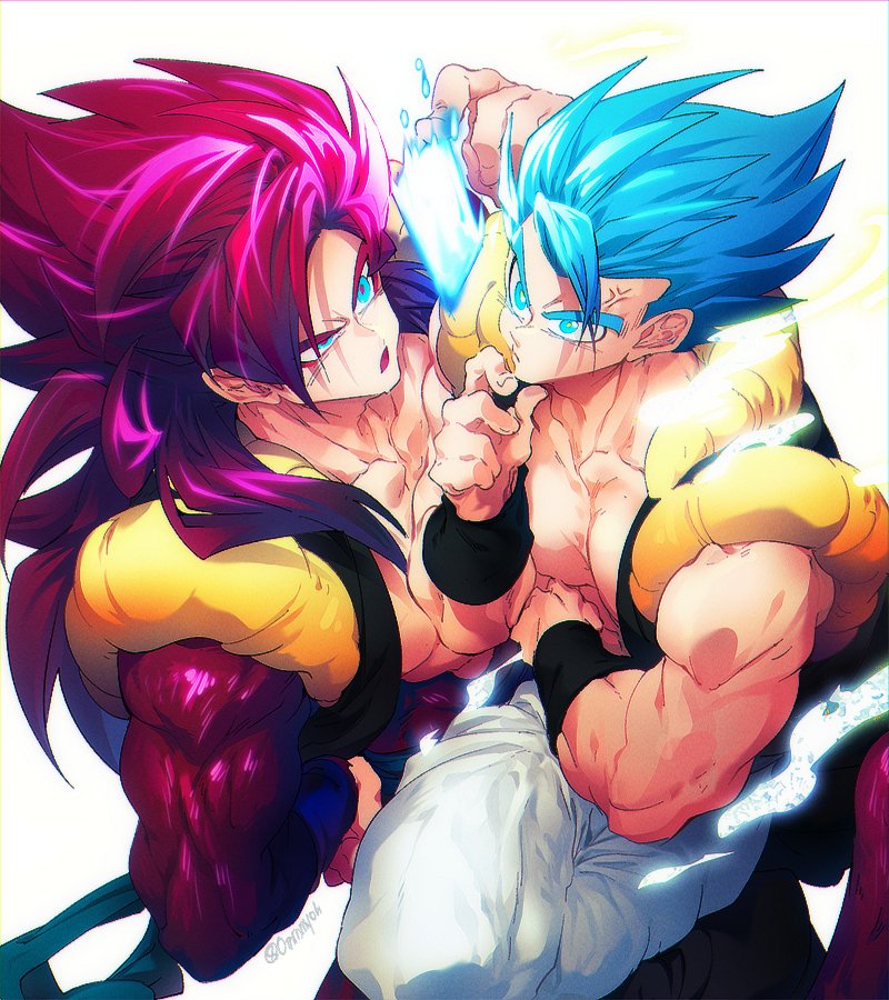 2boys anger_vein blue_eyes blue_sash closed_mouth dougi dragon_ball dragon_ball_heroes dragon_ball_super dual_persona gogeta gogeta_(xeno) long_hair male_focus metamoran_vest monkey_boy monkey_tail multiple_boys muscular muscular_male ommmyoh open_mouth pants red_fur saiyan sash spiked_hair super_full_power_saiyan_4_limit_breaker super_saiyan super_saiyan_4 super_saiyan_blue_evolved tail time_patrol_(dragon_ball) twitter_username