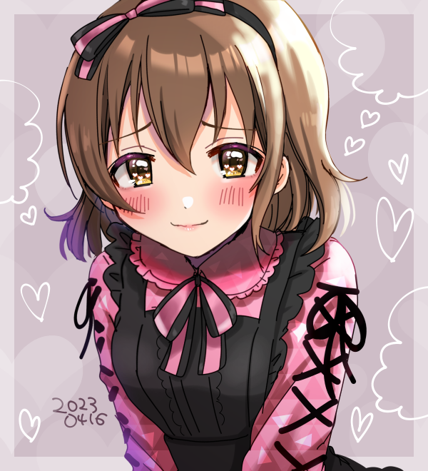 1girl ayaca black_dress blush brown_hair dated dress frilled_dress frills grey_hair hairband heart heart_in_eye idolmaster idolmaster_cinderella_girls kita_hinako lips looking_at_viewer medium_hair orange_eyes pink_lips pink_shirt ribbon-trimmed_sleeves ribbon_trim shirt smile solo speech_bubble symbol_in_eye thought_bubble