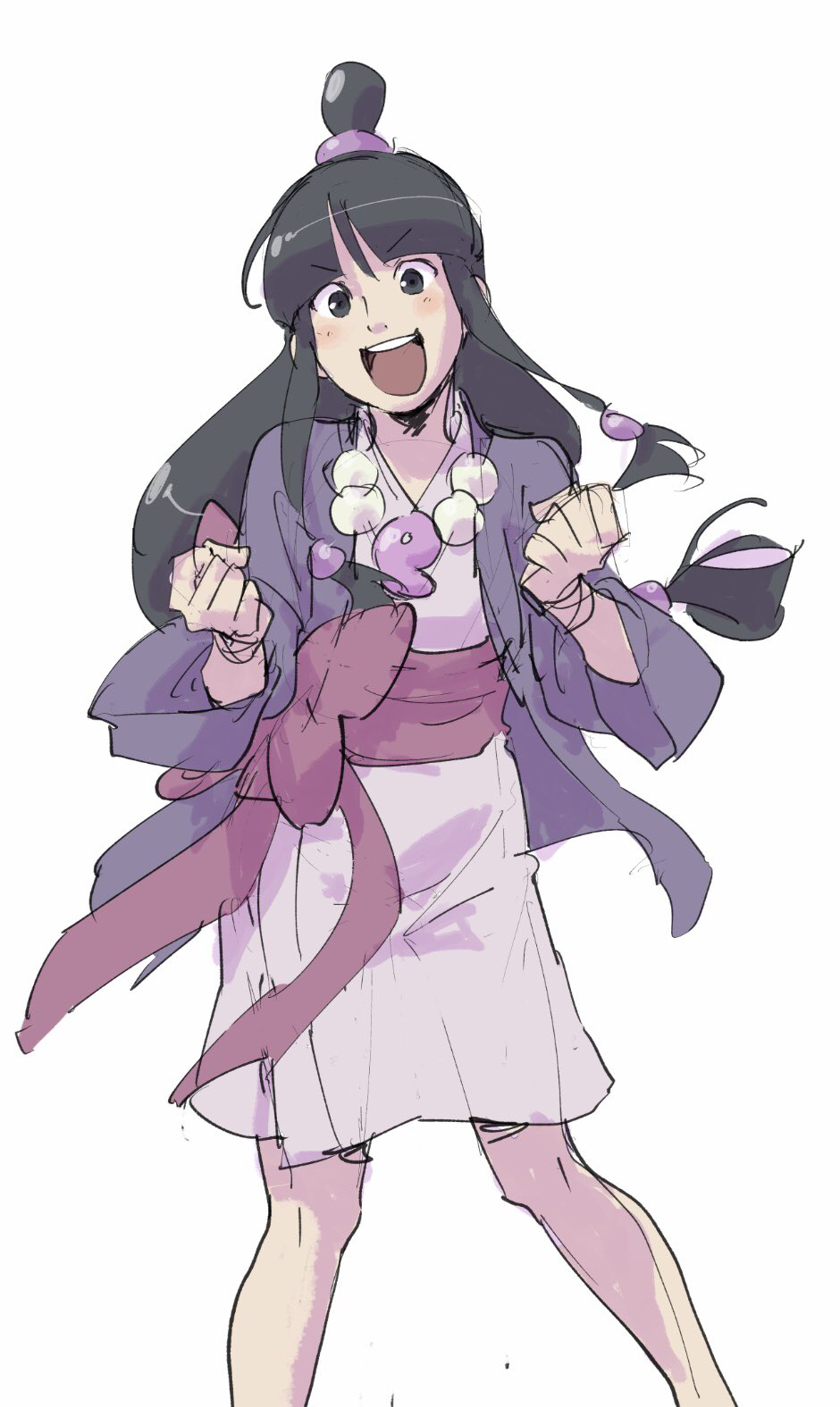 1girl :d ace_attorney black_eyes black_hair blunt_bangs clenched_hands hair_ornament half_updo hanten_(clothes) highres jacket japanese_clothes jewelry kimono long_hair long_sleeves looking_at_viewer magatama magatama_necklace maya_fey necklace obi open_mouth parted_bangs pink_sash purple_jacket sash short_kimono sidelocks simple_background smile solo standing taba_(tb_gya) v-shaped_eyebrows white_background white_kimono wide_sleeves