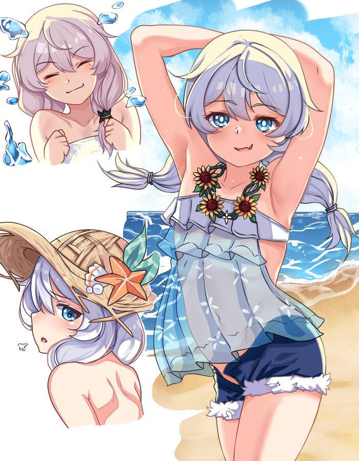 1girl :d armpits arms_behind_head beach blue_eyes closed_eyes closed_mouth commentary denim denim_shorts english_commentary fang flower hat honkai_(series) honkai_impact_3rd long_hair looking_at_viewer multiple_views open_mouth outdoors rei_(riyanrei3) sand shorts skin_fang smile starfish straw_hat summer summer_uniform sunflower theresa_apocalypse theresa_apocalypse_(shallow_sunset) theresa_apocalypse_(valkyrie_pledge) towel twintails water white_hair
