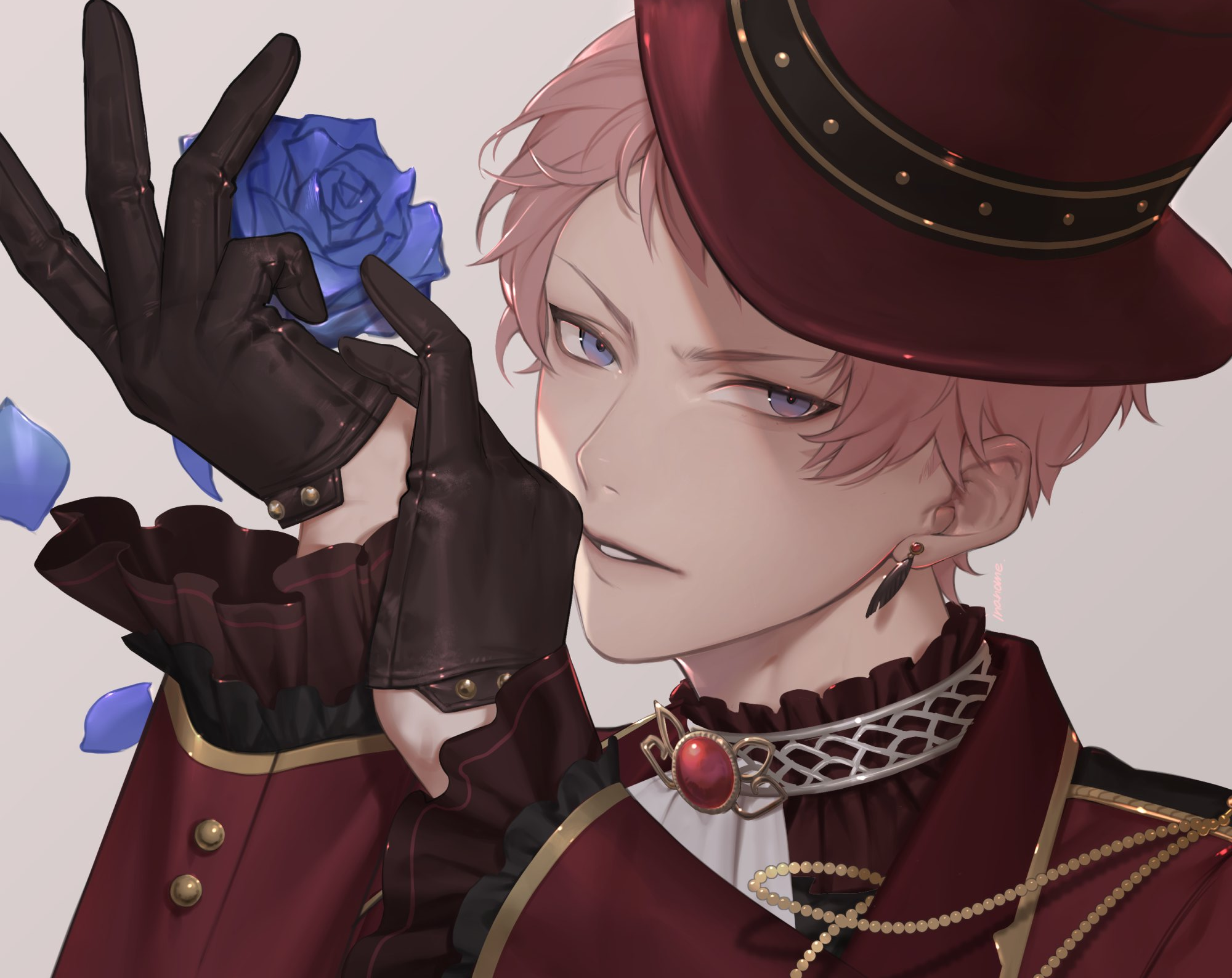 ascot black_gloves blue_flower blue_rose choker collar earrings ensemble_stars! flower frilled_collar frilled_sleeves frills gloves gold_trim grey_background grey_choker hands_up hat highres idol_clothes inanome_me itsuki_shu jewelry layered_clothes layered_sleeves long_sleeves own_hands_together parted_lips petals pink_hair portrait purple_eyes red_hat red_uniform rose short_bangs short_hair signature simple_background v-shaped_eyebrows very_short_hair white_ascot