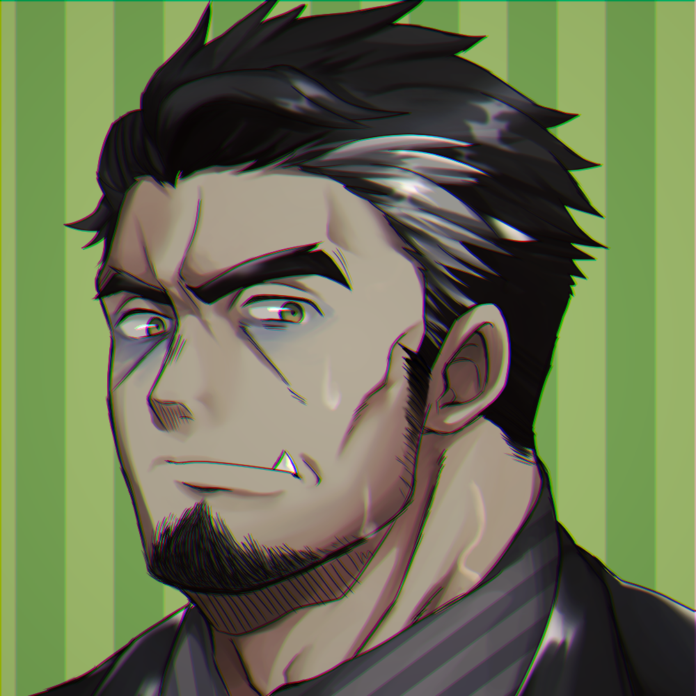 1boy bad_link bags_under_eyes bara beard black_hair black_suit diagonal_stripes facial_hair formal_clothes goatee green_background kurazon_(climb_zombie) long_sideburns looking_at_viewer male_focus mature_male multicolored_hair original pinstripe_pattern portrait shirt short_hair sideburns solo streaked_hair striped_background striped_clothes striped_shirt stubble suit thick_eyebrows vertical-striped_clothes vertical-striped_shirt