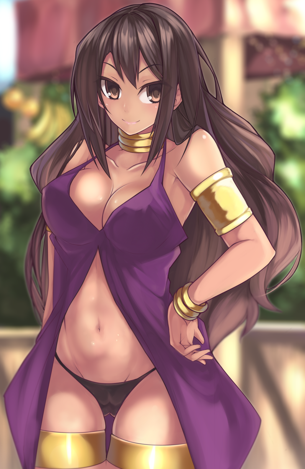 10s 1girl amazon_warrior arm_at_side armlet art_is_de4d bare_shoulders black_panties blurry bracelet breasts brown_eyes brown_hair c: cameltoe character_request cleavage closed_mouth collarbone covered_erect_nipples dark-skinned_female dark_skin depth_of_field dress dungeon_ni_deai_wo_motomeru_no_wa_machigatteiru_darou_ka female_focus groin hand_on_own_hip highres jewelry large_breasts legs lips lipstick long_hair looking_at_viewer makeup matching_hair/eyes midriff navel neck_ring no_bra open_clothes open_dress outdoors panties pink_lips purple_dress smile solo standing thigh_gap thigh_strap thighlet underwear