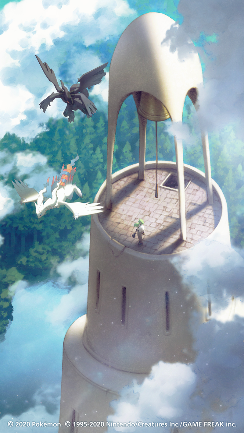 1boy bell bell_tower cloud copyright_name copyright_notice dragon flying full_body gen_5_pokemon green_hair hat highres holding holding_unworn_clothes holding_unworn_hat legendary_pokemon long_hair murayama_ryota n_(pokemon) nintendo official_art pokemon pokemon_(creature) pokemon_bw reshiram standing third-party_source tree unworn_hat unworn_headwear water zekrom