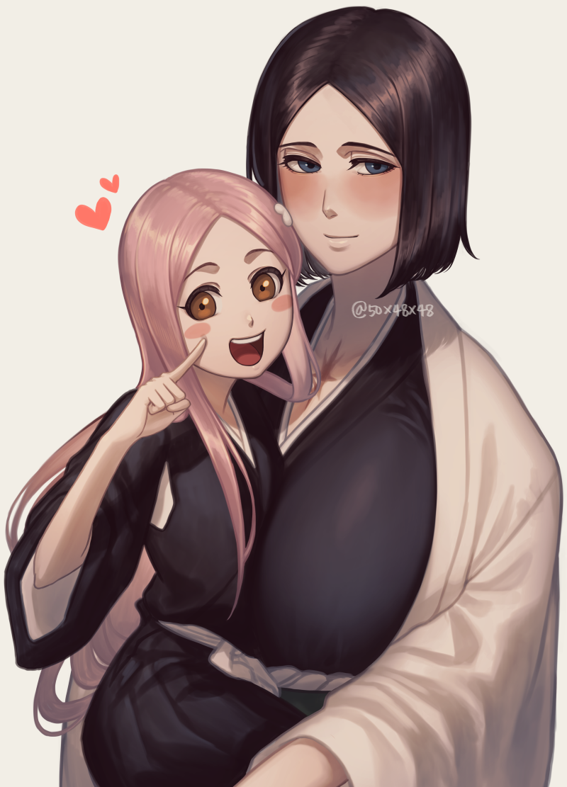 2girls 50x48x48 :d alternate_hairstyle black_hair black_kimono bleach blue_eyes blush_stickers breasts brown_eyes carrying carrying_person commentary_request finger_to_cheek hairstyle_switch haori japanese_clothes kimono kusajishi_yachiru large_breasts long_hair looking_at_viewer multiple_girls open_mouth parted_bangs pink_hair short_hair simple_background small_breasts smile taichou_haori unohana_retsu