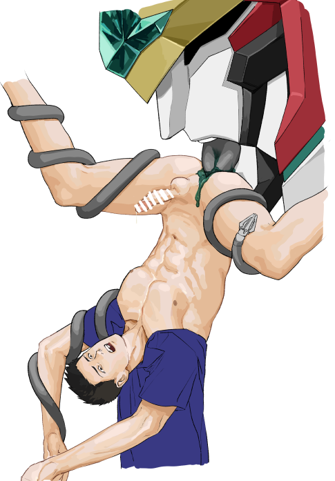 2boys anilingus ao_isami ass bar_censor bara bare_pectorals black_hair bottomless bound bravern censored couple erection facial_hair from_side furrowed_brow male_focus multiple_boys pectorals penis robot_sex sideburns_stubble spread_legs stubble tentacles tentacles_on_male thick_eyebrows toned toned_male xylo_bee yaoi yuuki_bakuhatsu_bang_bravern