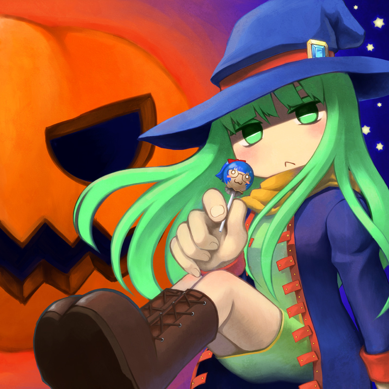 2girls :&lt; boots candy chibi green_eyes green_hair halloween hat jack-o&#039;-lantern kurotsuki_nanai lollipop maria_custard masou_shizuka multiple_girls pumpkin rance_(series) sengoku_rance