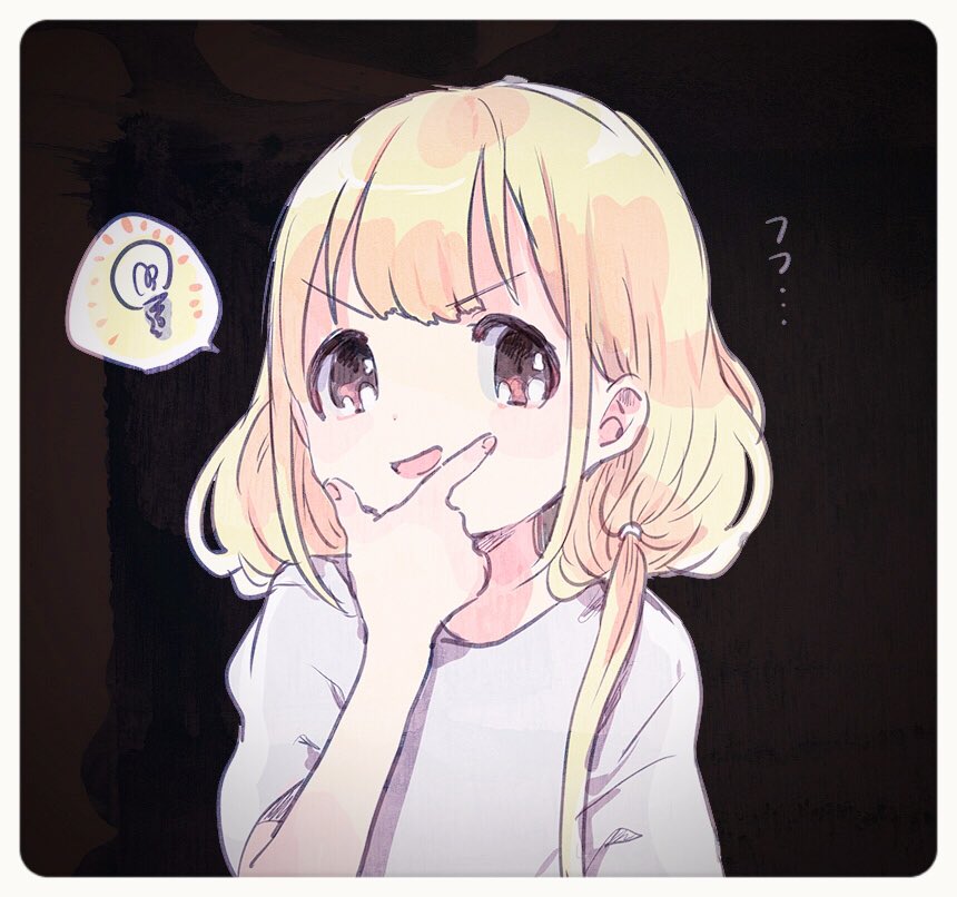 1girl blonde_hair brown_eyes comeco futaba_anzu idolmaster idolmaster_cinderella_girls light_bulb long_hair looking_at_viewer low_twintails shirt smile solo spoken_light_bulb t-shirt twintails upper_body