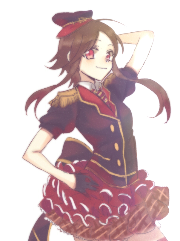 1girl arm_up back_bow black_gloves black_jacket bow brown_hair collared_shirt commentary_request epaulettes frilled_skirt frills fringe_trim gloves gold_trim hand_on_own_head hand_on_own_hip hat idol_clothes jacket long_sidelocks love_live! love_live!_school_idol_festival necktie peaked_cap plaid_clothes plaid_skirt puffy_short_sleeves puffy_sleeves red_eyes red_lapels red_skirt reims shido_misaki_(love_live!) shirt short_sleeves sidelocks simple_background skirt smile solo white_background white_shirt
