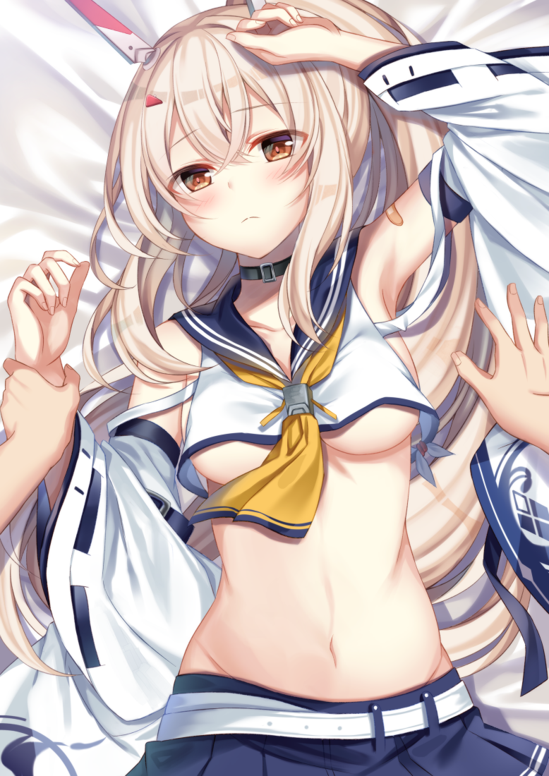 1girl arm_up armpits ayanami_(azur_lane) ayanami_(retrofit)_(azur_lane) azur_lane bare_shoulders black_choker blonde_hair blue_skirt breasts choker collarbone crop_top detached_sleeves groin hair_ornament hand_up long_hair long_sleeves looking_at_viewer lying medium_breasts midriff navel necktie no_bra on_back orange_eyes pleated_skirt ponytail retrofit_(azur_lane) sailor_collar school_uniform serafuku shirt skirt solo_focus stomach sugisaki_yuu underboob white_shirt wide_sleeves