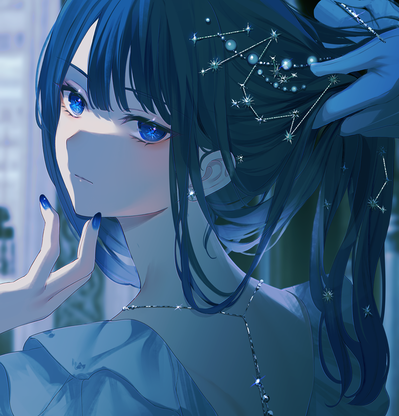1girl 1other achiki black_hair blue_dress blue_eyes blue_hair blue_nails blurry blurry_background blush closed_mouth constellation dress fingernails from_behind gloves gradient_hair hair_between_eyes hair_ornament hairpin hand_up jewelry leaf long_fingernails long_hair looking_at_viewer looking_back multicolored_hair nail_polish necklace original ponytail short_sleeves sparkle star_(symbol) star_hair_ornament sun_hair_ornament upper_body white_gloves window
