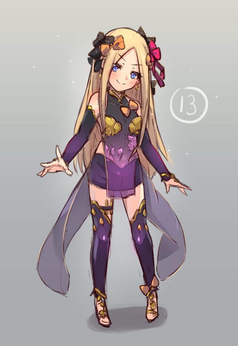 1girl abigail_williams_(fate) blonde_hair blue_eyes blush bow breasts cosplay detached_sleeves dress fate/grand_order fate_(series) female_focus forehead full_body gradient_background hair_bow hair_ribbon kama_(fate) kama_(fate)_(cosplay) kama_(first_ascension)_(fate) long_hair looking_at_viewer miya_(miyaruta) orange_bow parted_bangs pelvic_curtain pink_ribbon polka_dot polka_dot_bow purple_dress purple_legwear purple_skirt purple_sleeves ribbon sandals skirt small_breasts smile solo sparkle