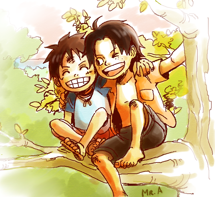 2boys branch brother brothers child east_blue freckles hat unworn_hat unworn_headwear in_tree male_focus monkey_d._luffy mr._a multiple_boys one_piece open_clothes open_shirt portgas_d._ace raglan_sleeves sandals scar shirt shorts siblings sitting smile straw_hat tree aged_down