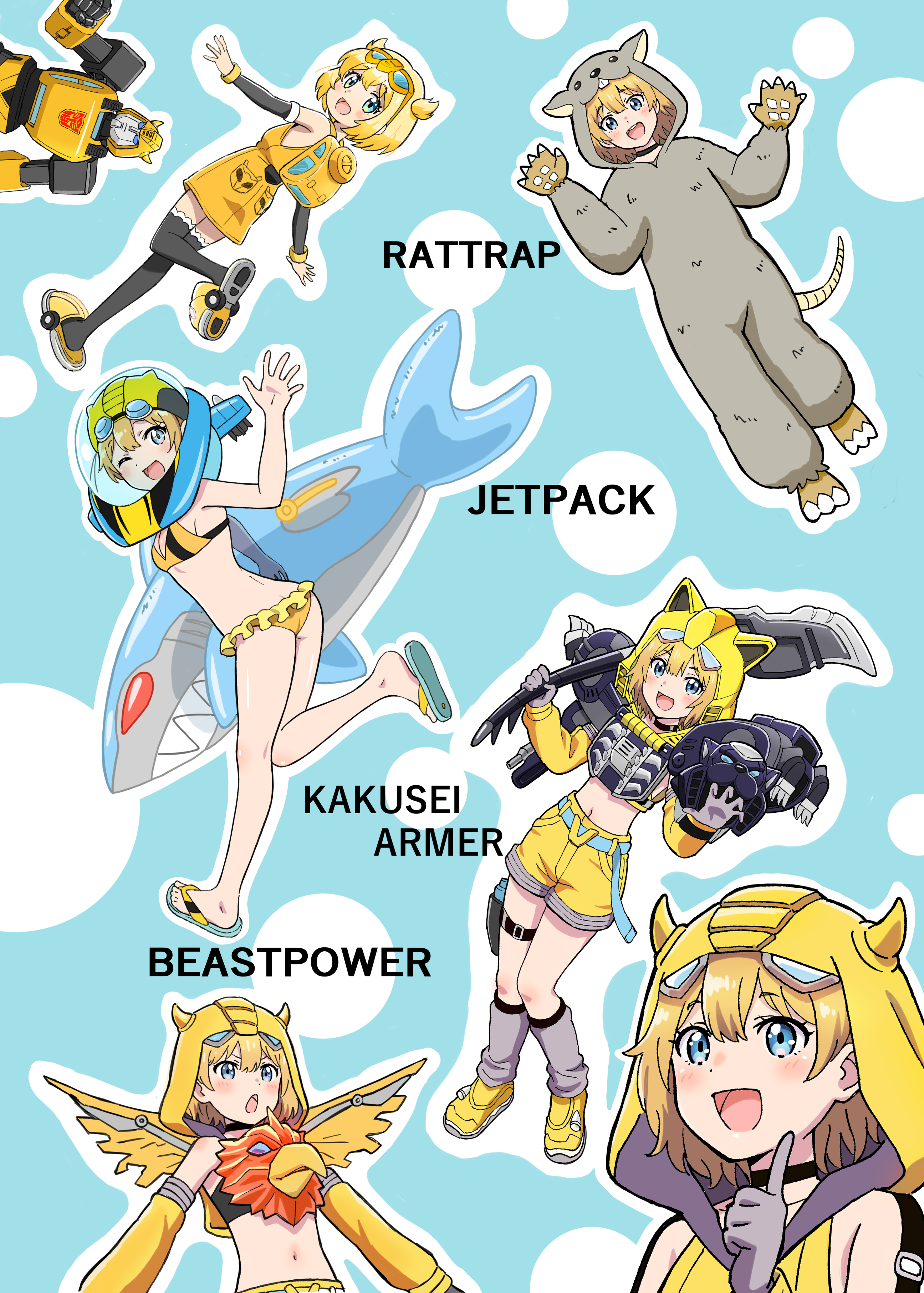 1girl absurdres aged_down animal_hands animal_hood autobot backpack bag beast_wars beast_wars:_transformers belt bikini blue_belt blue_eyes blush breasts bumblebee_(kotobukiya_bishoujo)_(transformers) bumblebee_(transformers) cosplay cropped_hoodie detached_sleeves dress flip-flops gloves grey_gloves grey_leg_warmers head_tilt highres holding holding_polearm holding_weapon hood hood_up hoodie horned_hood horns inflatable_toy komagoma kotobukiya_bishoujo leg_warmers mecha midriff mouse_hood navel onesie open_mouth over_shoulder paw_gloves paw_shoes pointing pointing_up polearm randoseru rattrap rattrap_(cosplay) robot sandals shoes shorts sky-byte slippers small_breasts smile sneakers swimsuit thigh_strap transformers transformers:_generation_1 transformers:_rise_of_the_beasts transformers_(live_action) transformers_car_robots two_side_up weapon weapon_over_shoulder yellow_bikini yellow_dress yellow_sandals yellow_shoes yellow_shorts yellow_slippers