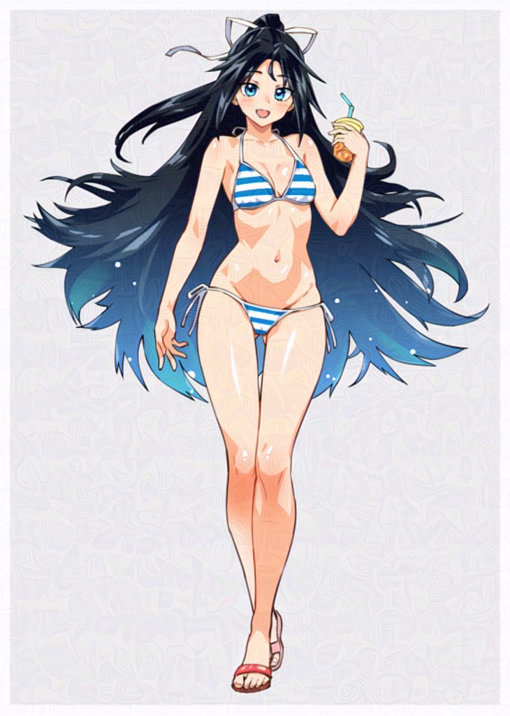 1girl alternate_costume asava_(hutaitenn) bikini black_hair blue_bikini blue_eyes breasts drink drinking_straw full_body gluteal_fold gradient_hair grey_background hair_ribbon kantai_collection katsuragi_(kancolle) lowleg lowleg_bikini multicolored_hair ribbon sandals side-tie_bikini_bottom simple_background small_breasts solo striped_bikini striped_clothes swimsuit