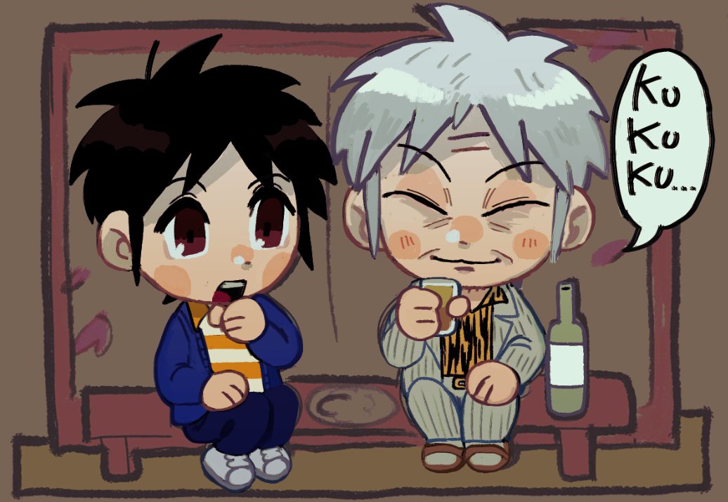 2boys akagi_shigeru animal_print black_hair blue_cardigan blue_pants bottle brown_eyes brown_footwear cardigan chibi chibi_only closed_eyes closed_mouth commentary fukumoto_mahjong full_body grey_hair grey_jacket grey_pants igawa_hiroyuki jacket long_sleeves looking_at_another looking_to_the_side male_focus multiple_boys old old_man open_mouth orange_shirt pants print_shirt sandals shirt short_hair sitting smile striped_clothes striped_shirt ten_(manga) tiger_print tzk6996 white_footwear white_shirt wrinkled_skin