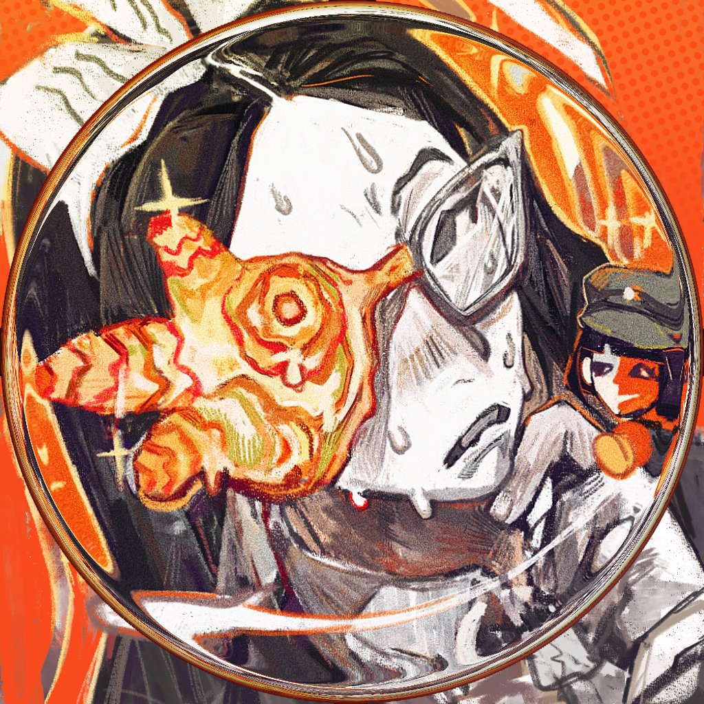 2girls black_eyes black_hair colored_skin coral_glasses_(joel_g) ena_(dream_bbq)_(joel_g) ena_(series) looking_at_viewer middle_part multicolored_skin multiple_girls one_eye_covered pale_skin papers quanmingwu red_skin shirt solo_focus sweat teeth white_shirt
