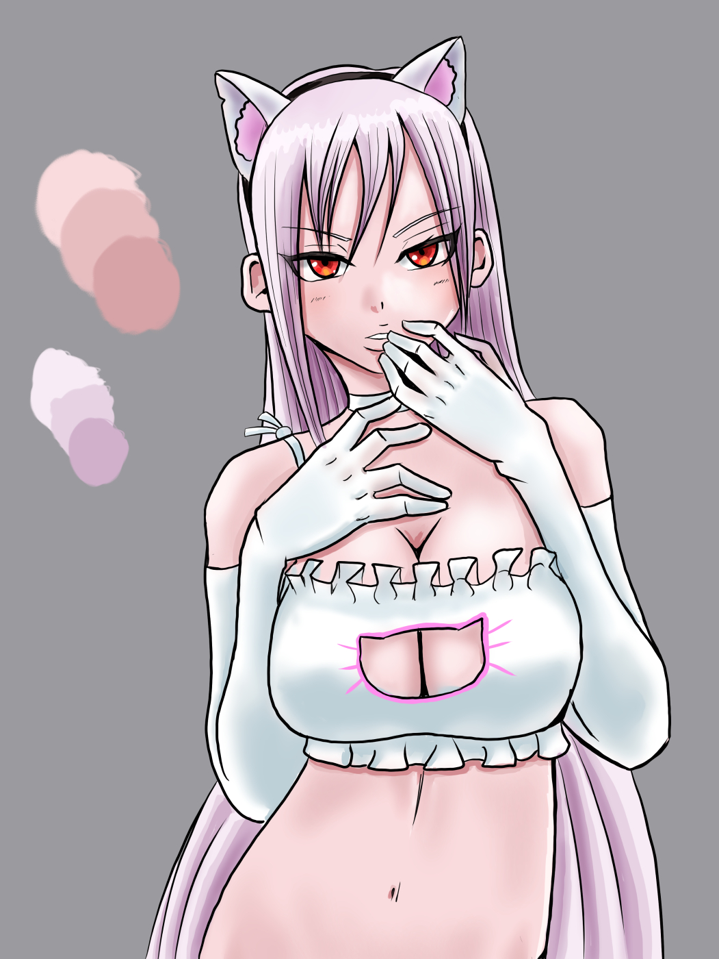 1girl animal_ears breasts cat cat_cutout cat_ears cat_lingerie choker cleavage cleavage_cutout clothing_cutout eiai_nano elbow_gloves gloves hairband highres kimi_no_koto_ga_dai_dai_dai_dai_daisuki_na_100-nin_no_kanojo large_breasts lingerie long_hair meme_attire nano_(nanosize) navel pink_hair red_eyes solo underwear white_gloves white_hair