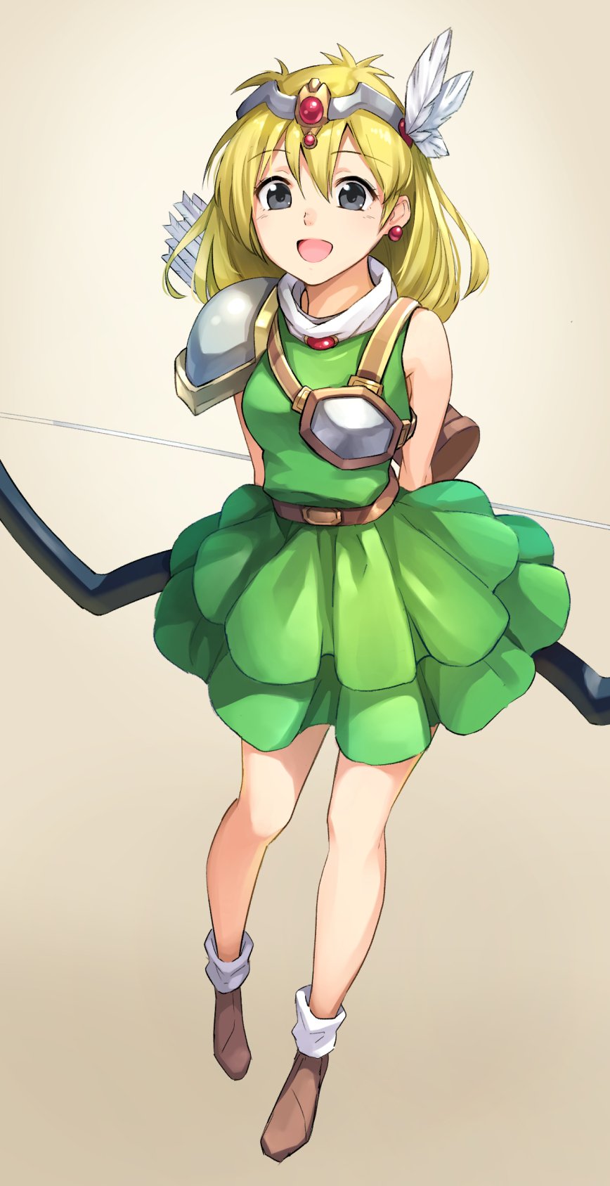 1girl armor arms_behind_back arrow_(projectile) belt blonde_hair boots bow_(weapon) breastplate brown_boots circlet dress earrings fanna_(villgust) feathers full_body gem gogo_(detteiu_de) green_dress grey_background grey_eyes highres jewelry kouryuu_densetsu_villgust open_mouth quiver short_dress short_hair shoulder_armor simple_background sleeveless sleeveless_dress smile solo weapon
