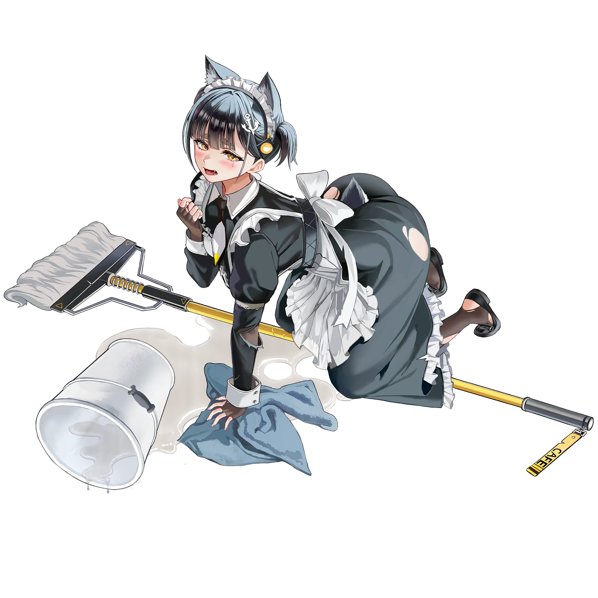 1girl all_fours anchor_hair_ornament animal_ear_fluff animal_ears apron ass black_dress black_footwear black_hair black_necktie blush breasts brown_gloves brown_thighhighs bucket bucket_spill collar collared_dress defeat dog_ears dog_girl dog_tail dress elbow_gloves english_text fang fingerless_gloves frilled_apron frilled_skirt frills full_body game_cg gloves hair_ornament hand_on_ground high_heels highres last_origin layered_skirt long_skirt long_sleeves looking_at_viewer looking_up maid maid_apron maid_headdress medium_breasts mop multicolored_necktie necktie non-web_source official_alternate_costume official_art open_mouth puffy_sleeves pumps ribbon short_hair short_necktie short_twintails simple_background skirt slit_pupils solo spill tachi-e taesi tag tail tearing_up thick_eyebrows thighhighs tongue torn_clothes torn_dress torn_gloves torn_ribbon torn_sleeves torn_thighhighs towel transparent_background twintails vargr_(last_origin) water white_apron white_collar white_necktie white_ribbon wiping wrist_cuffs yellow_eyes yellow_necktie
