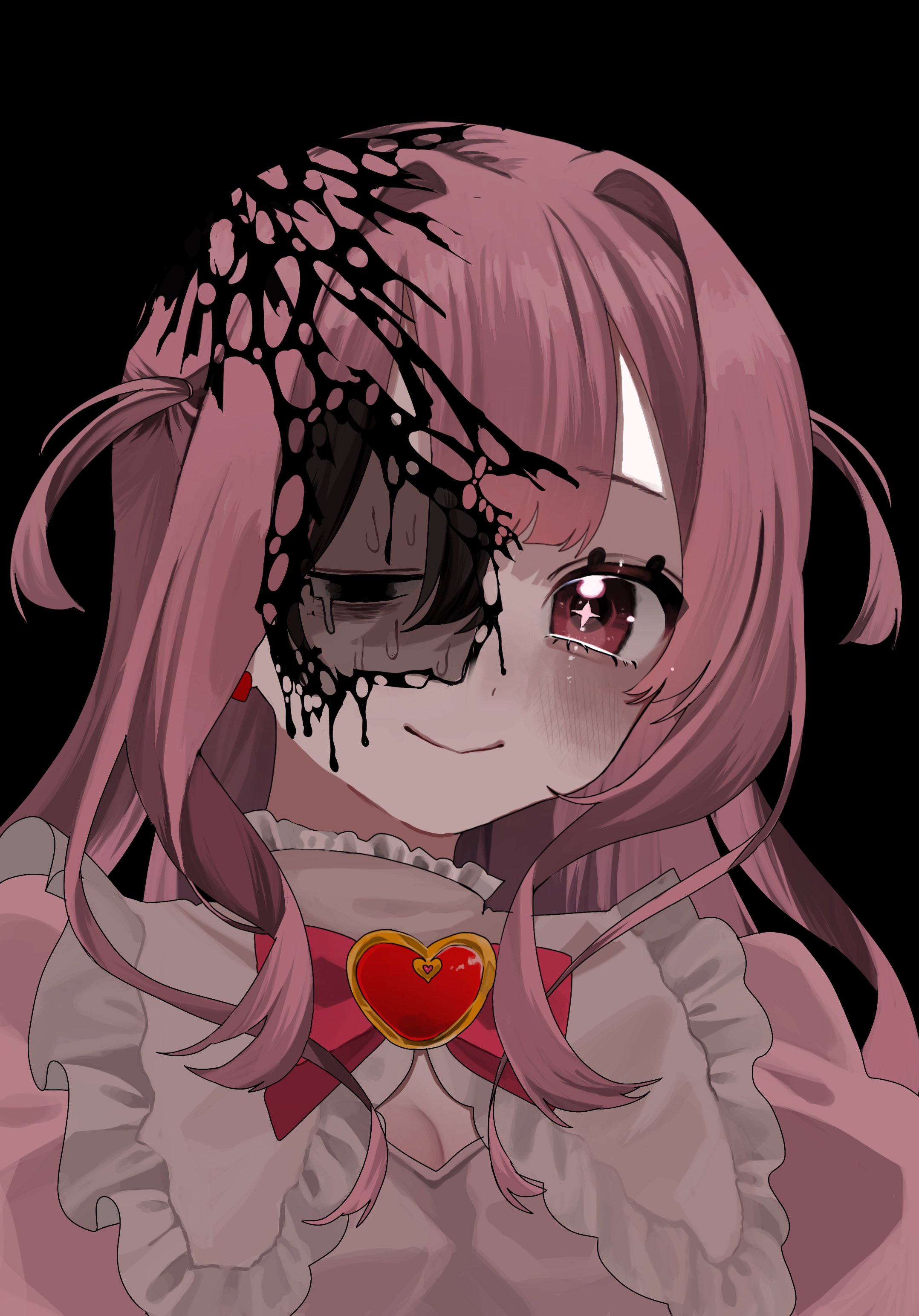 +_+ 1girl absurdres aegyo_sal bags_under_eyes black_blood blood blush bow bowtie breasts bright_pupils brooch center-flap_bangs cleavage cleavage_cutout closed_mouth clothing_cutout commentary_request double-parted_bangs earrings empty_eyes frilled_shirt_collar frills hair_intakes hair_over_shoulder hanataro_(sruvhqkehy1zied) heart heart_brooch heterochromia highres jewelry long_hair looking_at_viewer no_pupils original pink_eyes pink_hair pink_shirt portrait puffy_short_sleeves puffy_sleeves red_bow red_bowtie revealing_layer shirt short_sleeves sidelocks single_empty_eye small_breasts smile solo sweat two_side_up