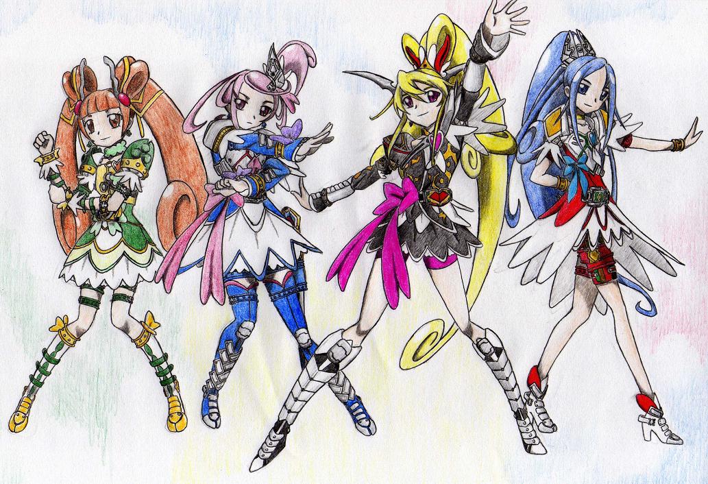 4girls aida_mana alternate_costume belt colored_pencil_(medium) cosplay crossover cure_diamond cure_heart cure_rosetta cure_sword dokidoki!_precure hishikawa_rikka kamen_rider kamen_rider_blade kamen_rider_blade_(series) kamen_rider_chalice kamen_rider_garren kamen_rider_leangle kenzaki_makoto multiple_girls parody precure traditional_media yotsuba_alice