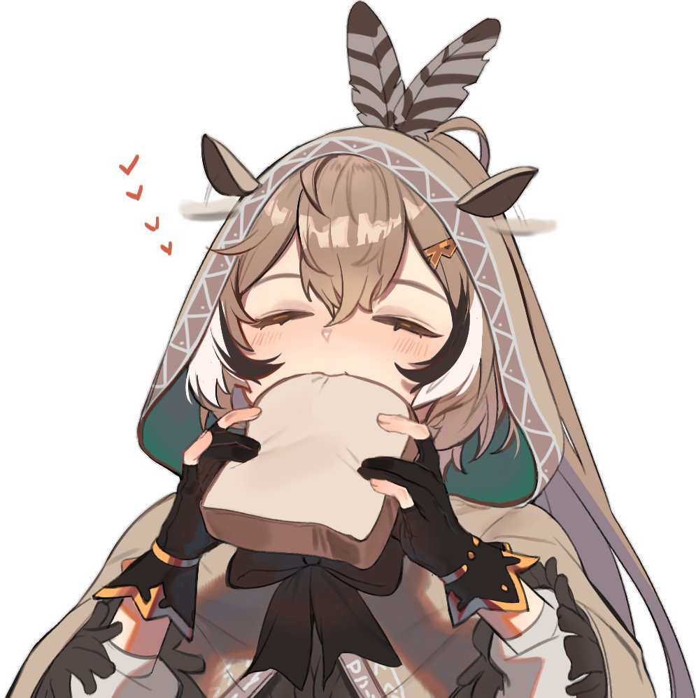 1girl ahoge bread brown_capelet brown_cloak brown_hair capelet cloak closed_eyes ears_through_headwear eating eus_ing feather_hair_ornament feathers fingernails flapping_ears food gloves hair_ornament hairclip heart holding holding_food hololive hololive_english hood hood_up long_hair multicolored_hair nanashi_mumei nanashi_mumei_(1st_costume) partially_fingerless_gloves ponytail ribbon shirt simple_background solo streaked_hair very_long_hair virtual_youtuber white_shirt