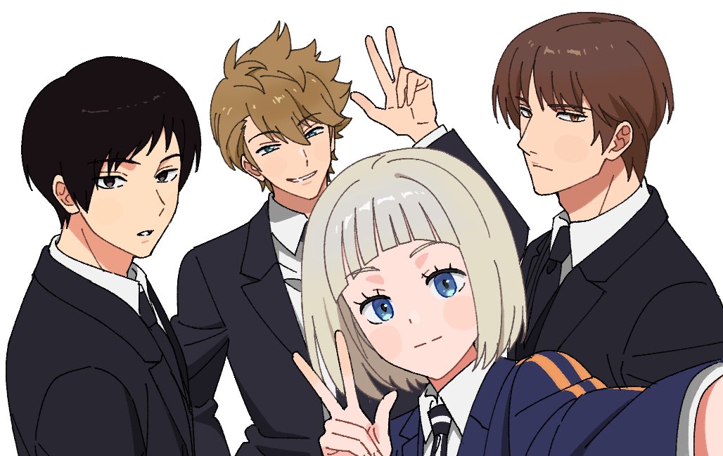 1girl 3boys black_eyes black_hair black_jacket black_necktie black_vest blonde_hair blue_eyes blue_jacket brown_eyes brown_hair closed_mouth collared_shirt formal_clothes hand_up hiyami_aki inukai_sumiharu jacket looking_at_viewer multiple_boys necktie ninomiya_masataka nocchan_chicchi shirt simple_background smile suit tsuji_shinnosuke upper_body v vest white_background white_shirt world_trigger