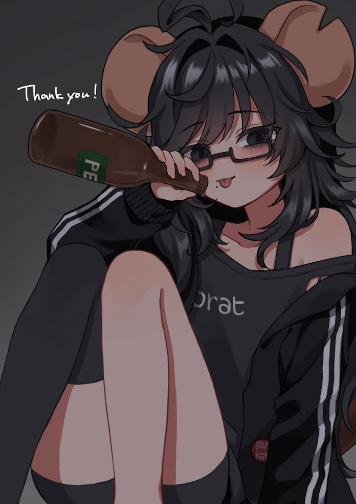 1girl ahoge animal_ears badge bags_under_eyes beer_bottle black-framed_eyewear black_eyes black_hair button_badge flat_chest indie_virtual_youtuber large_ears long_hair messy_hair mesugaki mole mole_under_mouth mouse_(animal) mouse_ears mouse_girl mu_ri003 petite rectangular_eyewear ririgaki sleepy virtual_youtuber