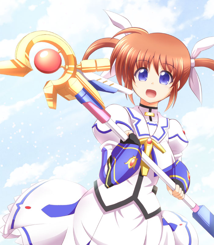 1girl :d azumaya_hironaru blue_eyes brown_hair cloud dress female_focus fingerless_gloves gauntlets gloves hair_ribbon lyrical_nanoha magical_girl mahou_shoujo_lyrical_nanoha mahou_shoujo_lyrical_nanoha_a&#039;s mahou_shoujo_lyrical_nanoha_the_movie_2nd_a&#039;s open_mouth puffy_sleeves purple_eyes raising_heart raising_heart_(device_mode)_(1st) red_hair ribbon sky smile solo staff takamachi_nanoha takamachi_nanoha_(movie_1st_mode) twintails